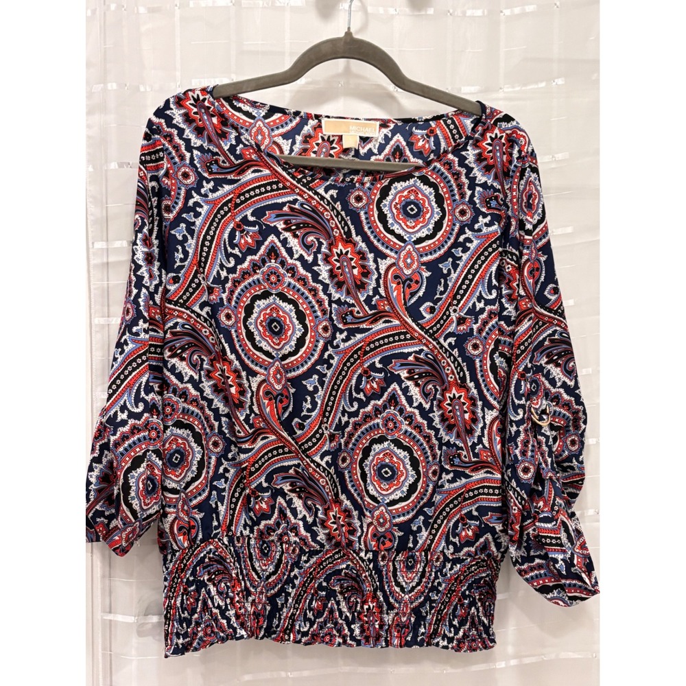 Michael Michael Kors Navy Red Paisley Smocked Hem Faux Wrap Blouse Large